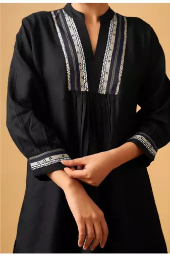 Classic black rayon slub straight kurta set