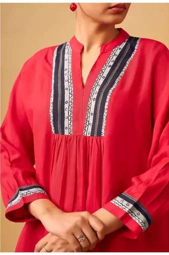 Bold red rayon slub contemporary kurta set