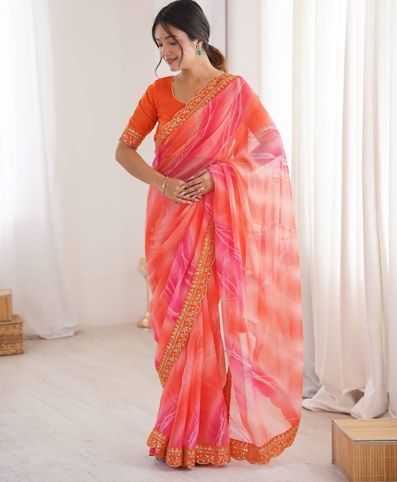 Padding chiffon georgette saree with laheriya gold foil work