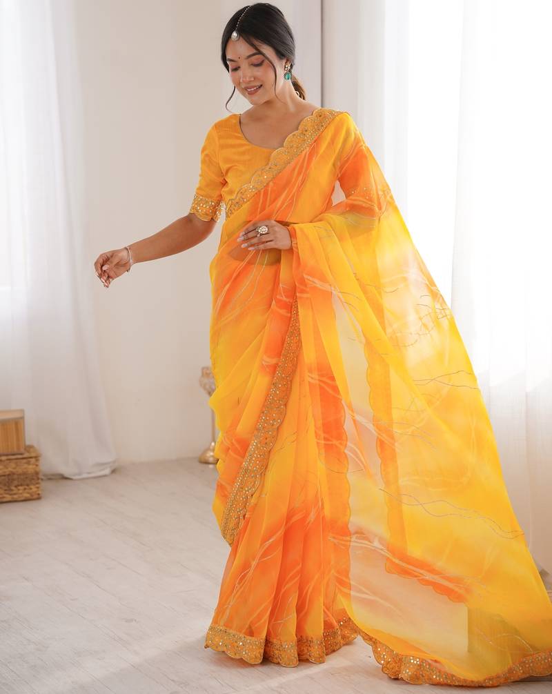 Padding chiffon georgette saree with laheriya gold foil work