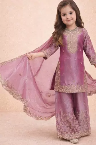 Designer party wear heavy silk kids top sharara & dupatta set