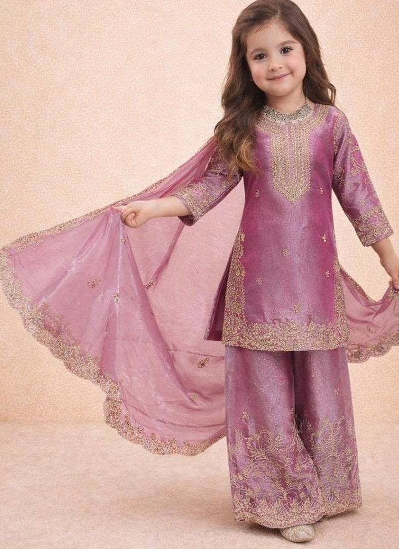 Designer party wear heavy silk kids top sharara & dupatta set
