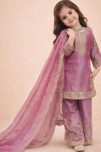 Designer party wear heavy silk kids top sharara & dupatta set