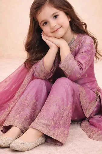 Designer party wear heavy silk kids top sharara & dupatta set