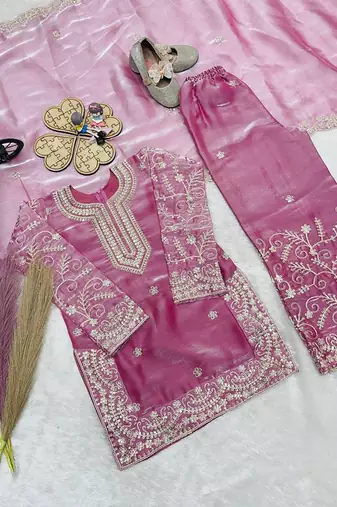 Designer party wear heavy silk kids top sharara & dupatta set