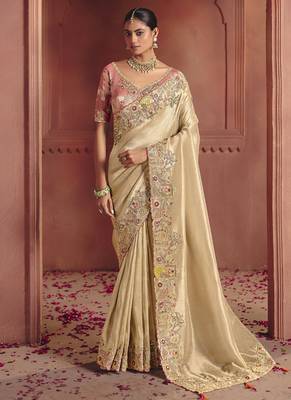 cream pure smooth zari silk blend with sequince & weaving heavy embroidery work saree 1