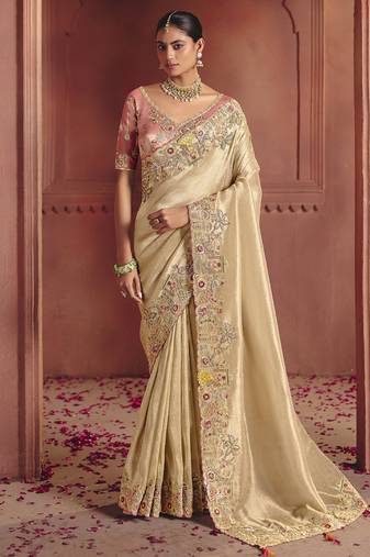cream pure smooth zari silk blend with sequince & weaving heavy embroidery work saree