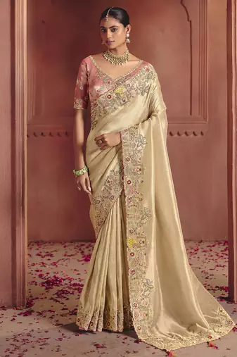 cream pure smooth zari silk blend with sequince & weaving heavy embroidery work saree