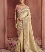 cream pure smooth zari silk blend with sequince & weaving heavy embroidery work saree