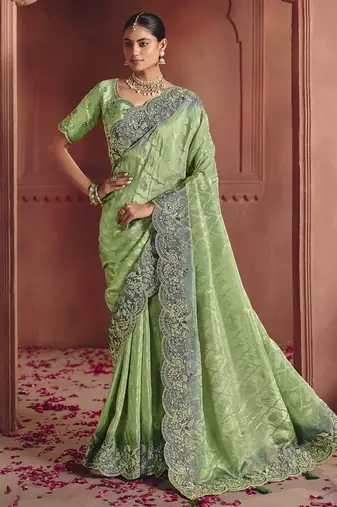 pista pure smooth zari silk blend with sequince & weaving heavy embroidery work saree