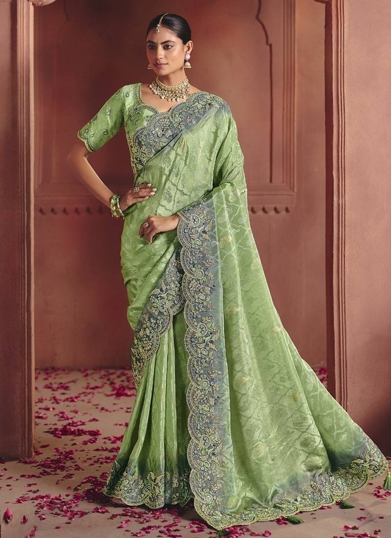 pista pure smooth zari silk blend with sequince & weaving heavy embroidery work saree