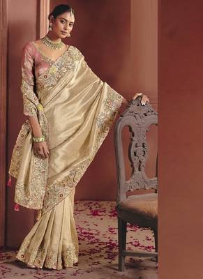 cream pure smooth zari silk blend with sequince & weaving heavy embroidery work saree 2