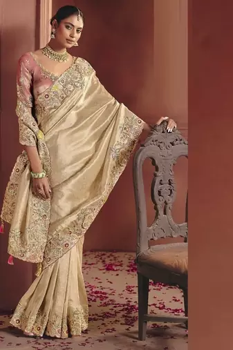 cream pure smooth zari silk blend with sequince & weaving heavy embroidery work saree