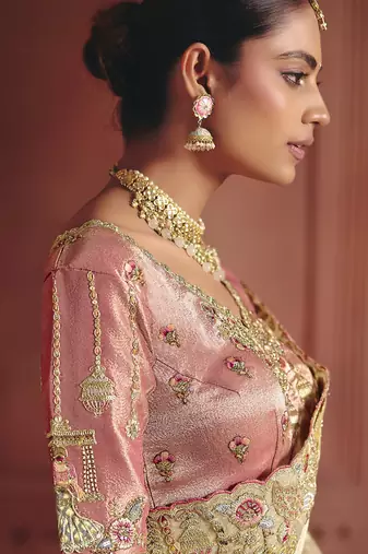 cream pure smooth zari silk blend with sequince & weaving heavy embroidery work saree