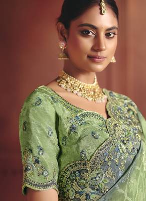 pista pure smooth zari silk blend with sequince & weaving heavy embroidery work saree 2