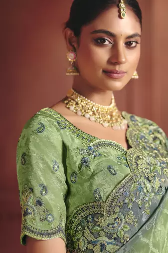 pista pure smooth zari silk blend with sequince & weaving heavy embroidery work saree