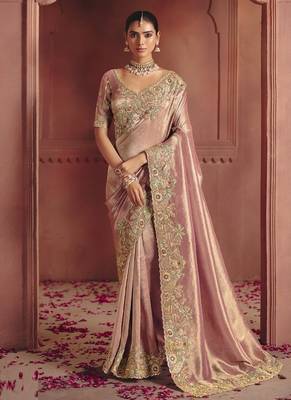 shine peach pure smooth zari silk blend with sequince & weaving heavy embroidery work saree 1