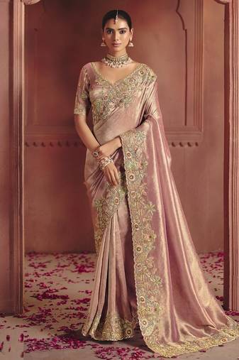 shine peach pure smooth zari silk blend with sequince & weaving heavy embroidery work saree