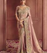 shine peach pure smooth zari silk blend with sequince & weaving heavy embroidery work saree