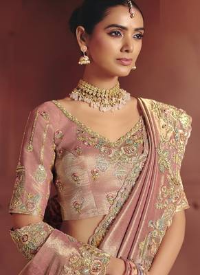 shine peach pure smooth zari silk blend with sequince & weaving heavy embroidery work saree 2