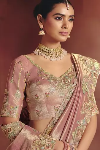 shine peach pure smooth zari silk blend with sequince & weaving heavy embroidery work saree