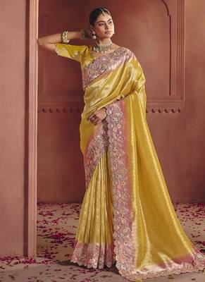 yellow pure smooth zari silk blend with sequince & weaving heavy embroidery work saree 1