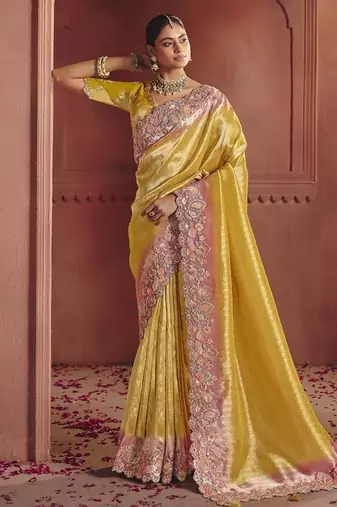 yellow pure smooth zari silk blend with sequince & weaving heavy embroidery work saree