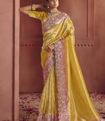 yellow pure smooth zari silk blend with sequince & weaving heavy embroidery work saree