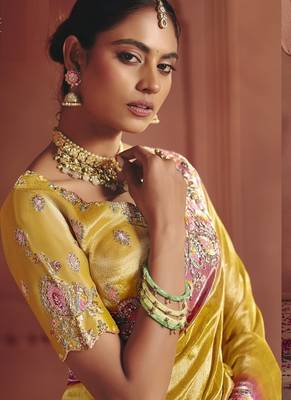 yellow pure smooth zari silk blend with sequince & weaving heavy embroidery work saree 2
