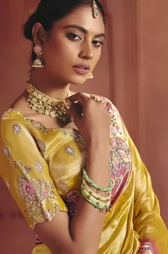 yellow pure smooth zari silk blend with sequince & weaving heavy embroidery work saree