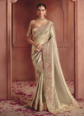 golden pure smooth zari silk blend with sequince & weaving heavy embroidery work saree 1
