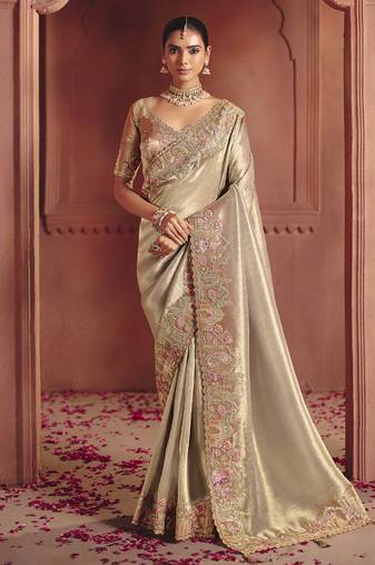 golden pure smooth zari silk blend with sequince & weaving heavy embroidery work saree