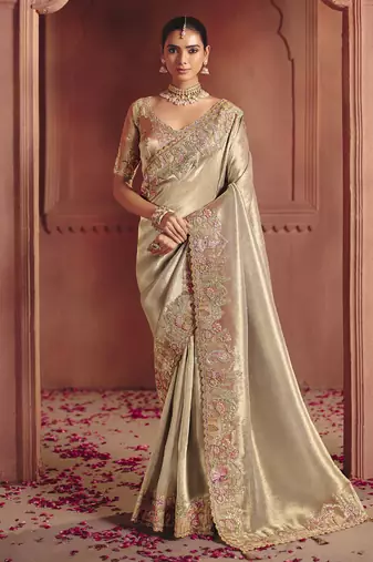 golden pure smooth zari silk blend with sequince & weaving heavy embroidery work saree