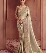 golden pure smooth zari silk blend with sequince & weaving heavy embroidery work saree