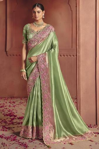 pista pure smooth zari silk blend with sequince & weaving heavy embroidery work saree
