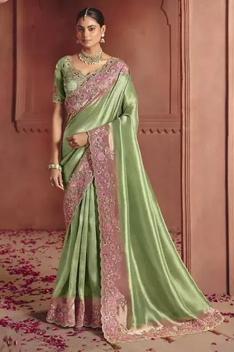 pista pure smooth zari silk blend with sequince & weaving heavy embroidery work saree