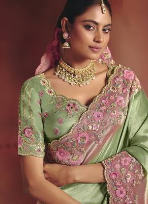 pista pure smooth zari silk blend with sequince & weaving heavy embroidery work saree 2