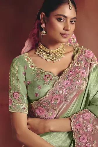 pista pure smooth zari silk blend with sequince & weaving heavy embroidery work saree