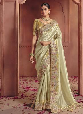 beige pure smooth zari silk blend with sequince & weaving heavy embroidery work saree 1