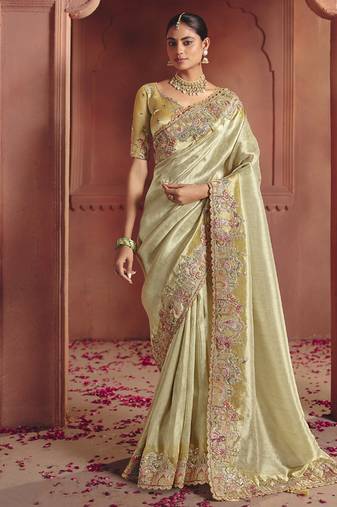 beige pure smooth zari silk blend with sequince & weaving heavy embroidery work saree