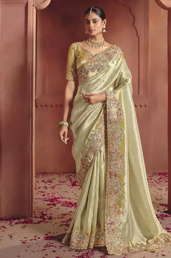 beige pure smooth zari silk blend with sequince & weaving heavy embroidery work saree