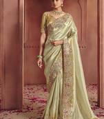 beige pure smooth zari silk blend with sequince & weaving heavy embroidery work saree