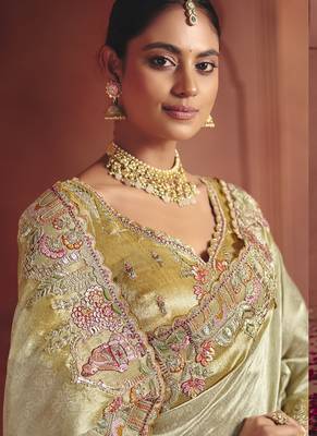 beige pure smooth zari silk blend with sequince & weaving heavy embroidery work saree 2