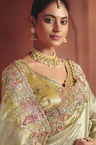 beige pure smooth zari silk blend with sequince & weaving heavy embroidery work saree