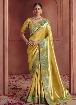 shaded olive & yellow pure smooth zari silk blend with sequince & weaving heavy embroidery work saree 1