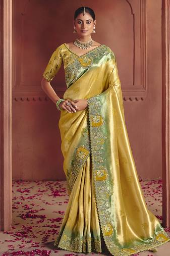 shaded olive & yellow pure smooth zari silk blend with sequince & weaving heavy embroidery work saree