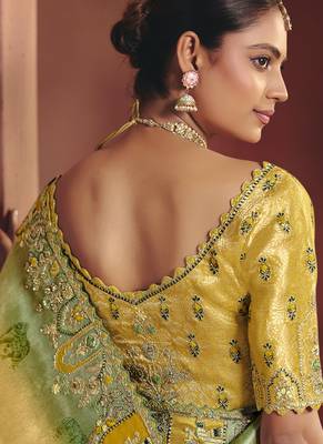 shaded olive & yellow pure smooth zari silk blend with sequince & weaving heavy embroidery work saree 2