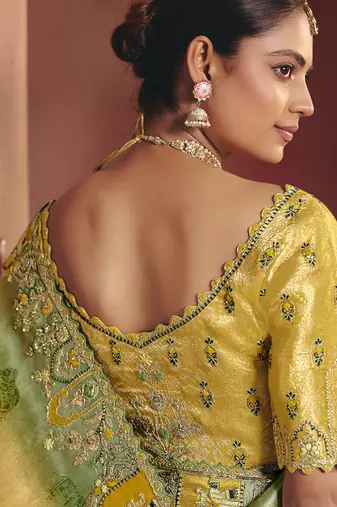 shaded olive & yellow pure smooth zari silk blend with sequince & weaving heavy embroidery work saree