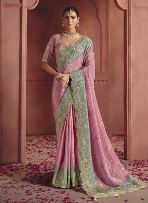 baby pink pure smooth zari silk blend with sequince & weaving heavy embroidery work saree 1