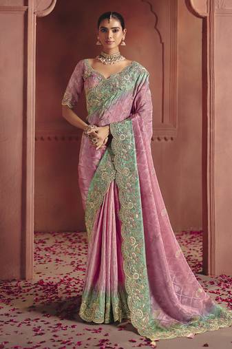 baby pink pure smooth zari silk blend with sequince & weaving heavy embroidery work saree